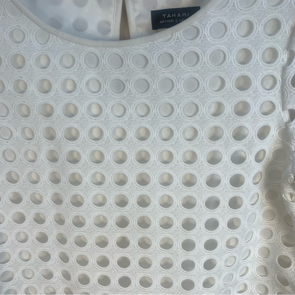 Tahari Circle Eyelet White Lace Shift Dress - Picture 3 of 15